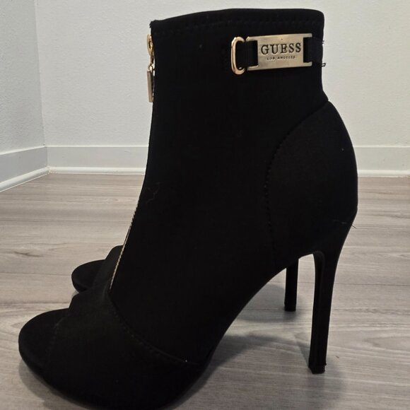 Black Open-Toe Boot Heels – Size 8 – Like New – Gold Front Zipper - Picture 2 of 6